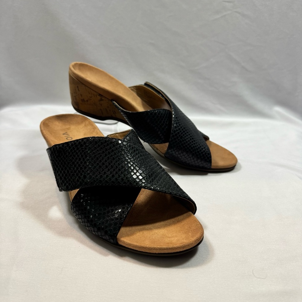 Vionic Leticia Black Snake Leather Cork Wedge Comfort Slide Sandals size 10